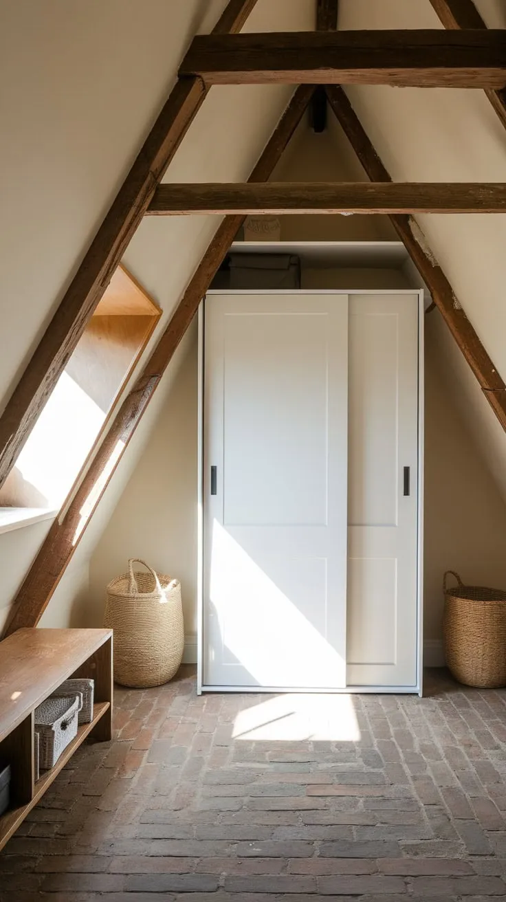 Step into your attic dressing room, where the rough-hewn character of the space meets sleek, contemporary touches, transforming the forgotten space into a haven of tranquility and personal style, a place where you can breathe deep and curate your look with mindful ease.