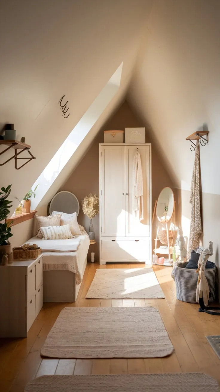 Sunlight streams through the dormer window of your attic dressing room, bathing the impeccably organized space in a serene glow that whispers of effortless style and luxurious comfort.