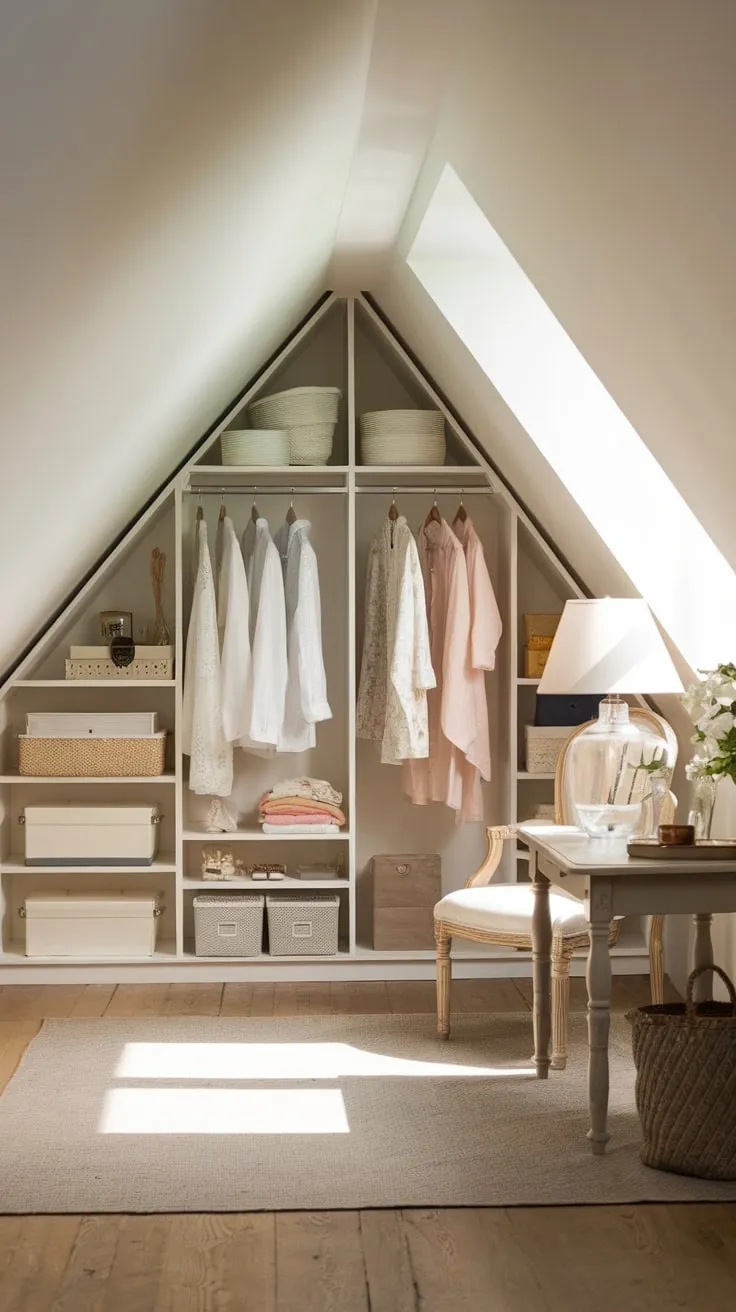 Step into your attic dressing room, a meticulously arranged sanctuary where the sloped ceilings and soft textures whisper of cozy elegance, transforming the simple act of choosing an outfit into a delightful ritual of self-discovery and style exploration.