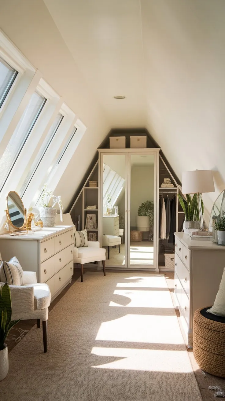 This attic dressing room beautifully combines simplicity and style, creating a serene space that invites relaxation and personal expression.