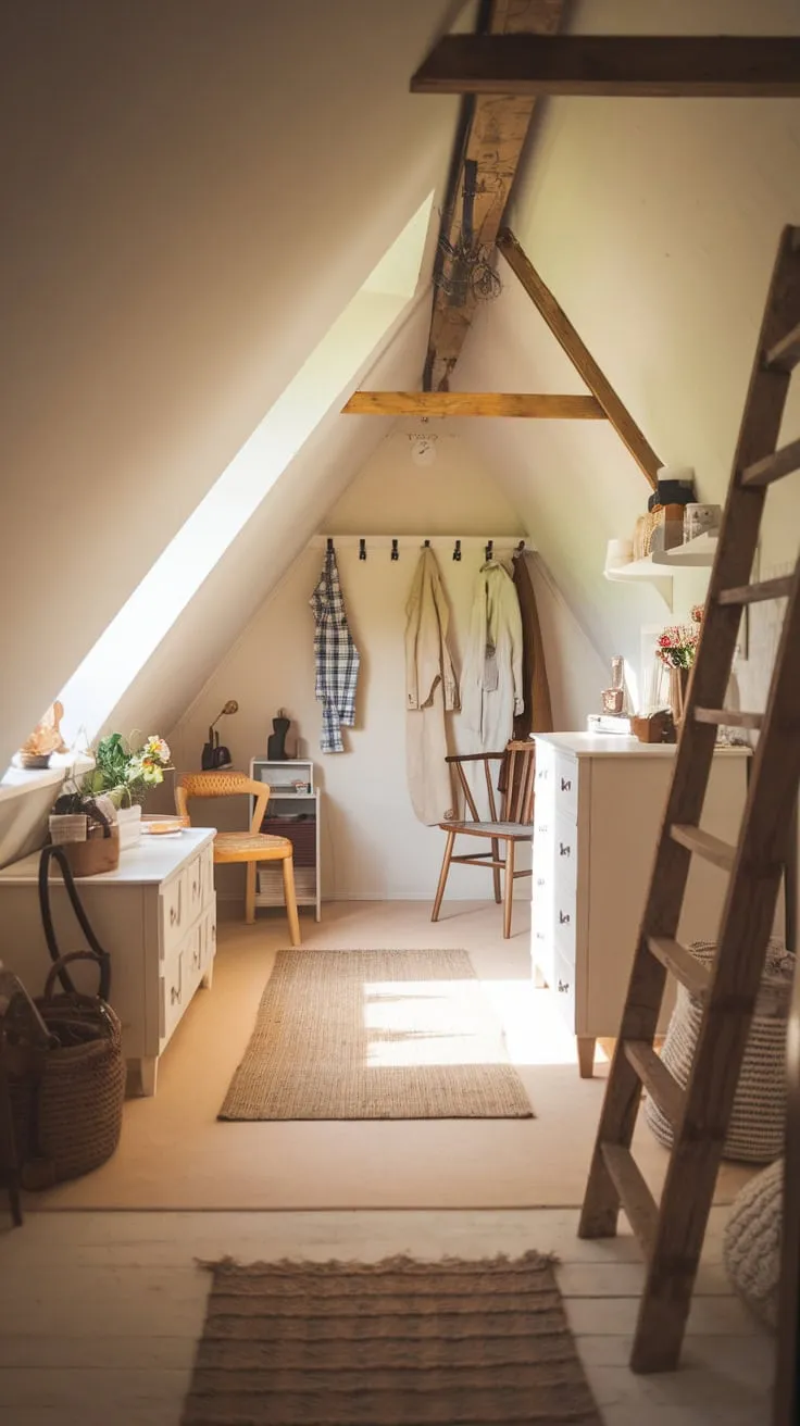 Step into your attic dressing room, where the sloping ceilings and soft textures whisper a welcome, inviting you to lose yourself in the pleasure of arranging your clothes amidst a backdrop of undeniable charm and a comforting sense of home.
