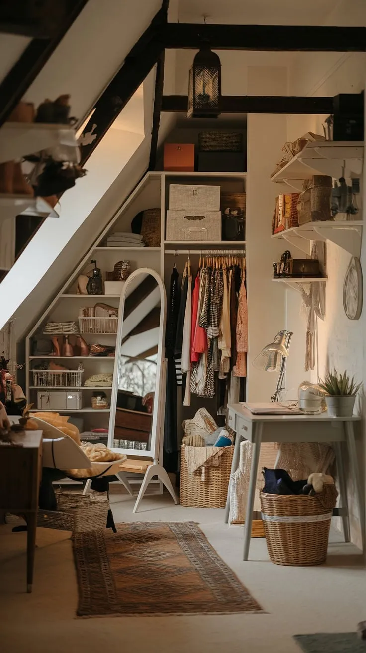 My attic makeover is complete! This attic retreat is now my favorite personal dressing area, a haven of calm and style.  The attic furniture and attic decor create a unique blend of vintage and modern, while the attic styling focuses on stylish storage solutions and home organization.  From creative storage ideas to clever dressing room ideas, this attic renovation showcases how to transform unused attic storage into a functional and beautiful space.  This cozy attic space is the perfect example of attic decor done right.