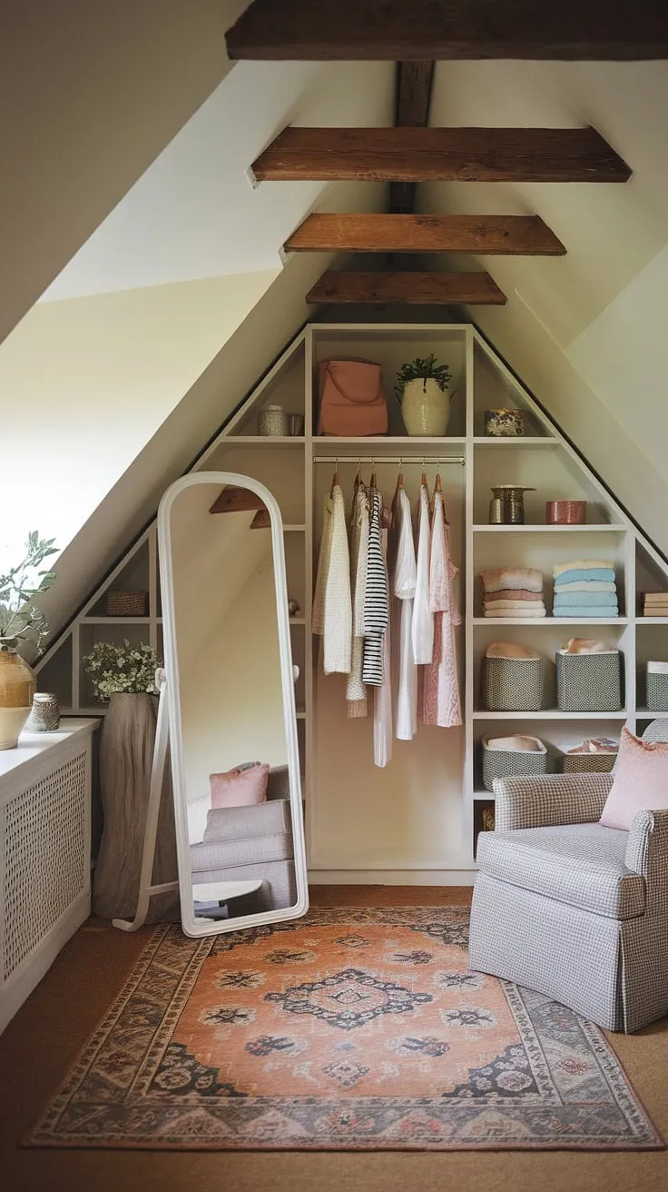 This attic renovation transformed a forgotten space into a dreamy personal dressing area.  The cozy attic space boasts stylish storage solutions, creative storage ideas, and attic furniture that perfectly complements the attic decor.  This attic dressing room is the ultimate example of home organization and dressing room design, showcasing how attic storage can be both functional and beautiful.  A true attic retreat!