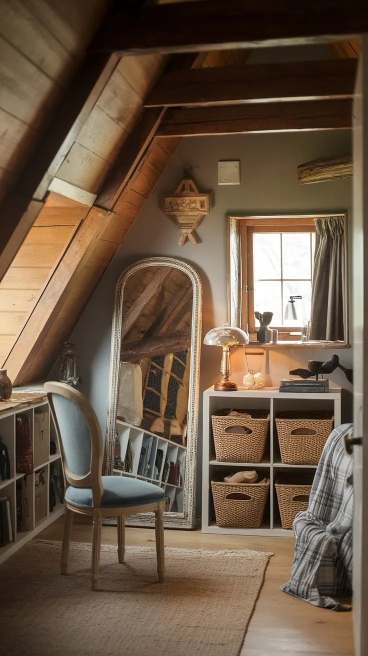 This cozy attic space, transformed into a personal dressing area, showcases clever attic storage and stylish storage solutions.  The attic renovation resulted in a charming attic dressing room, brimming with attic decor ideas and thoughtful dressing room design.  Note the creative storage solutions and attic furniture choices, all contributing to this successful attic makeover and home organization triumph.  A true attic retreat!