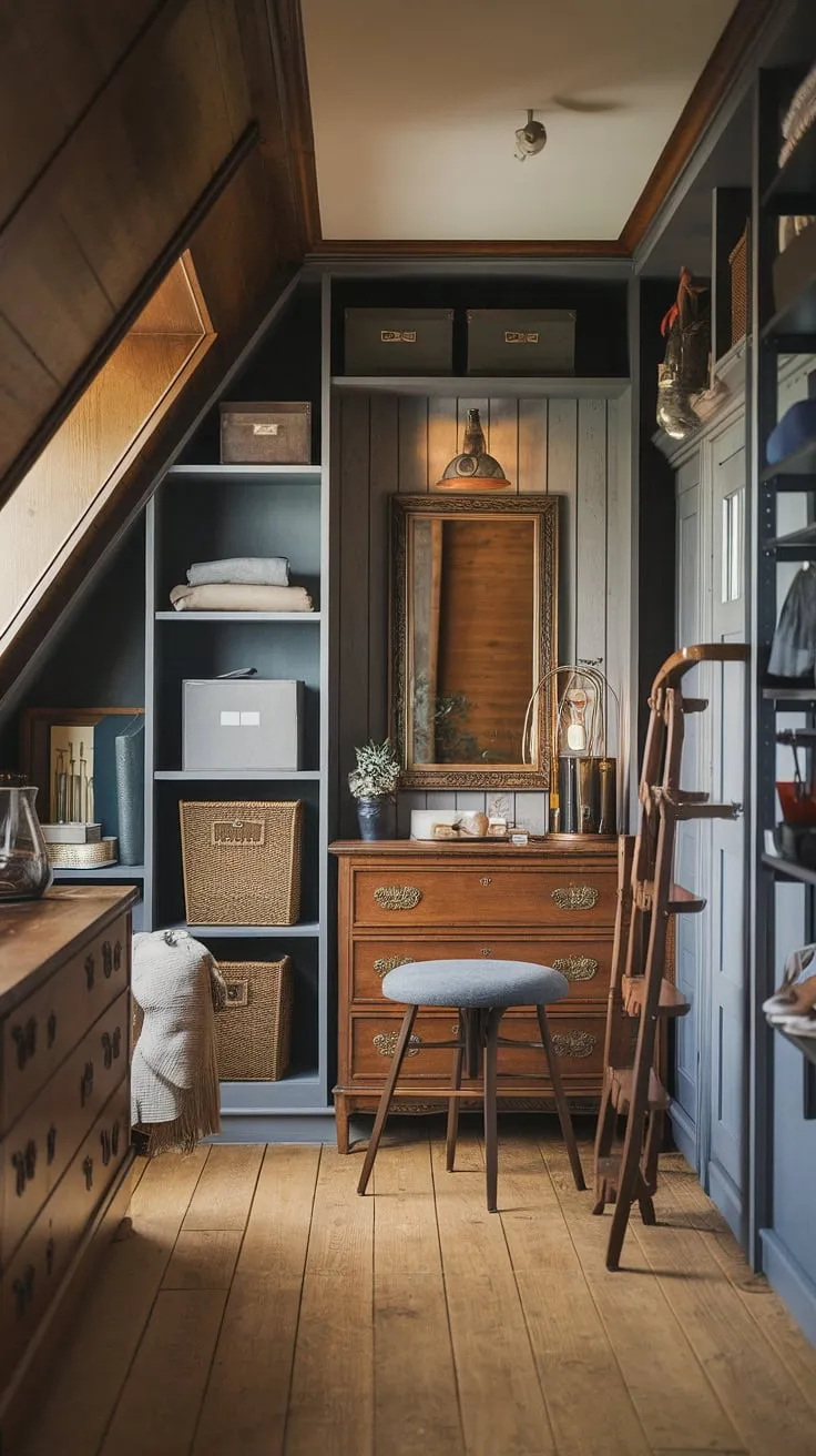Discover the magic of this attic retreat: an attic dressing room designed with meticulous attention to detail.  The attic decor blends seamlessly with the attic furniture, creating a personal dressing area that's both functional and aesthetically pleasing.  This attic makeover showcases impressive attic storage and dressing room design, highlighting stylish storage solutions and home organization within a cozy attic space.  The result?  An inspiring example of attic styling and creative storage.