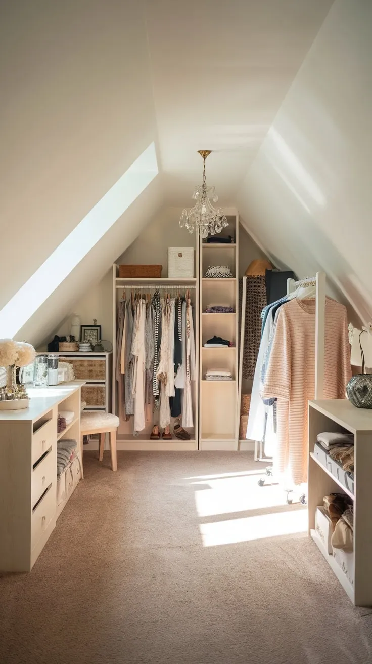 Step into your attic sanctuary, a dressing room where the sloping ceilings and carefully curated vintage finds whisper tales of timeless elegance, a haven designed to spark your imagination and transform the simple act of getting dressed into an art form.