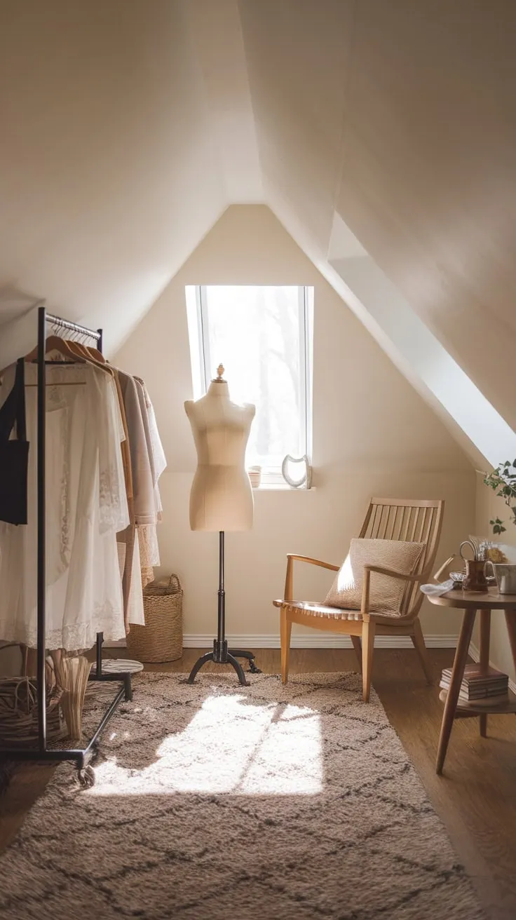 Step into your attic dressing room, where the gentle slope of the roof and the whisper of forgotten stories create a haven, a space where inspiration dances among the carefully curated garments, urging you to explore the boundless possibilities of your own unique style.