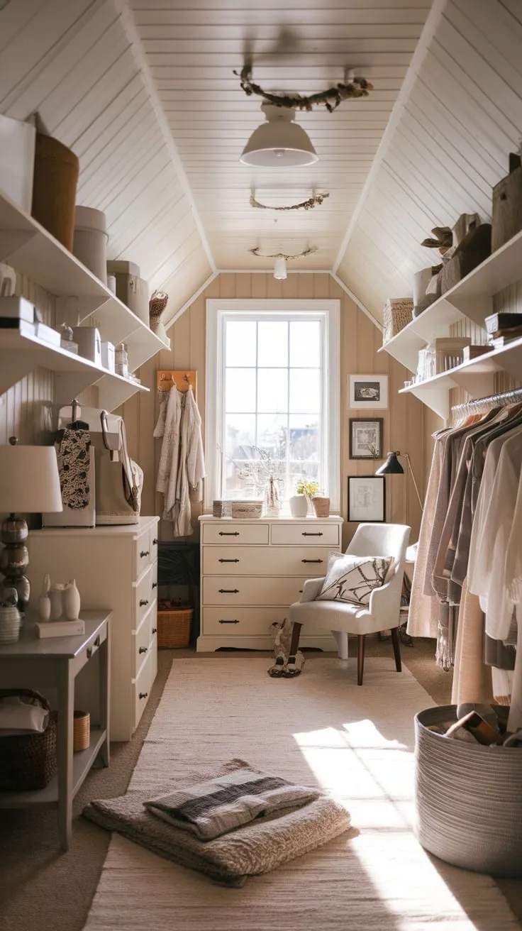 Sunlight streams through the dormer window of your attic dressing room, bathing the exposed beams and vintage vanity in a honeyed glow, creating a haven where organizing your clothes feels less like a chore and more like a cherished ritual.