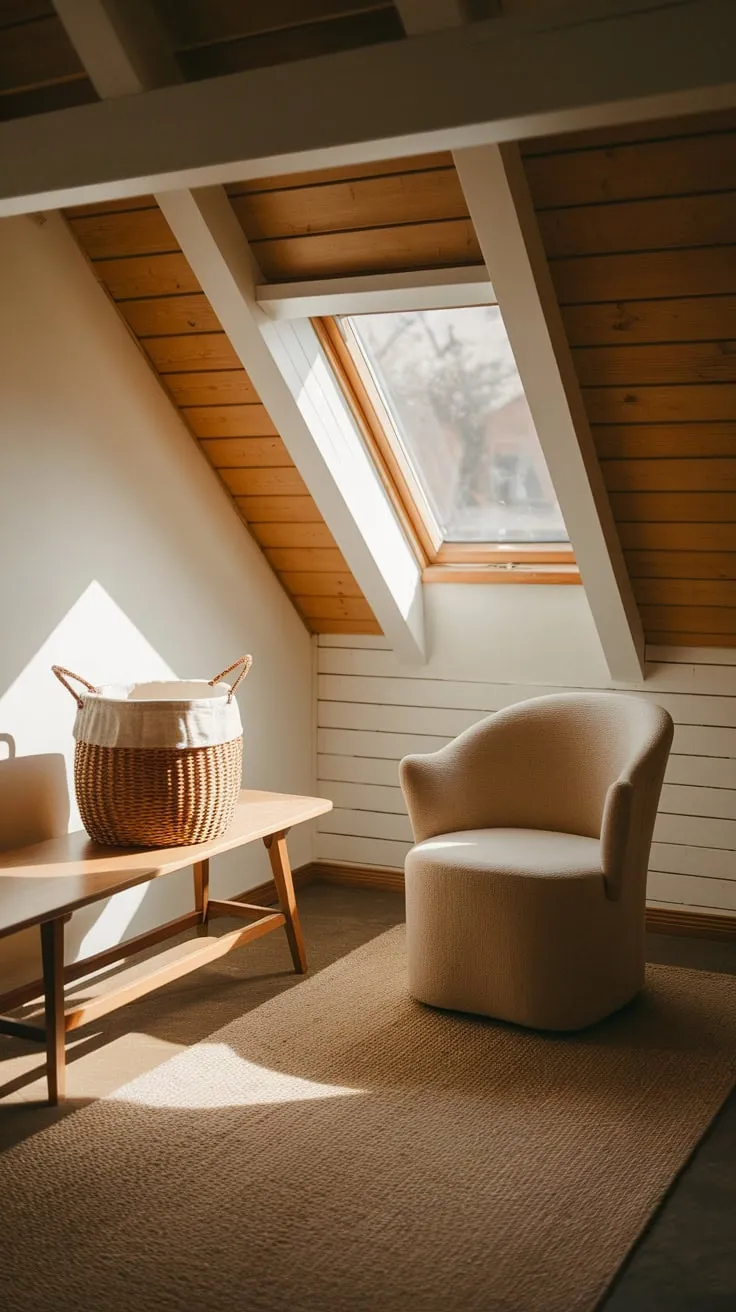 Step into your attic dressing room, where the cozy embrace of warm tones meets ingenious design, transforming the space into a tranquil haven that beckons you to unwind and express your personal style.