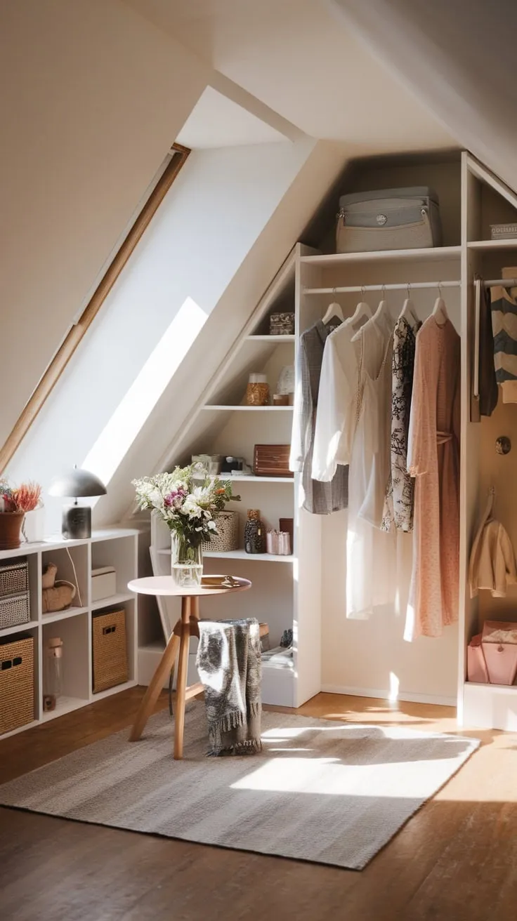 This attic dressing room exudes a warm and inviting charm, perfectly blending style and organization in a serene space for fashion inspiration.