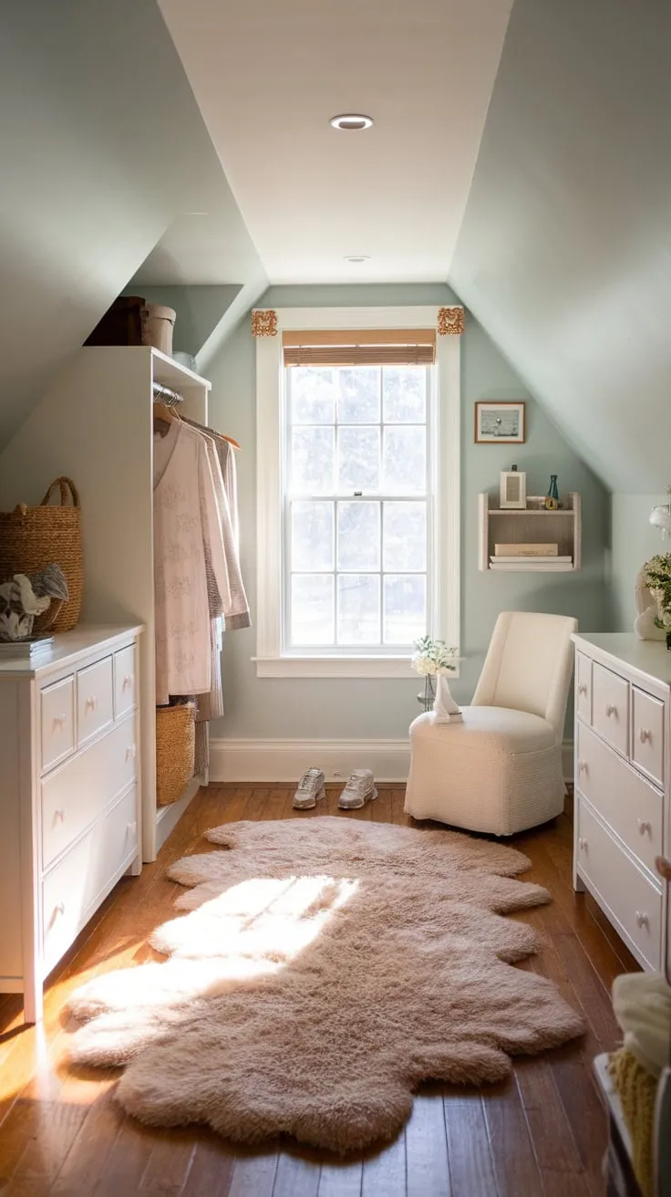Step into your attic dressing room, a haven meticulously crafted for tranquility and style, where every carefully considered detail whispers an invitation to embrace your most authentic self.