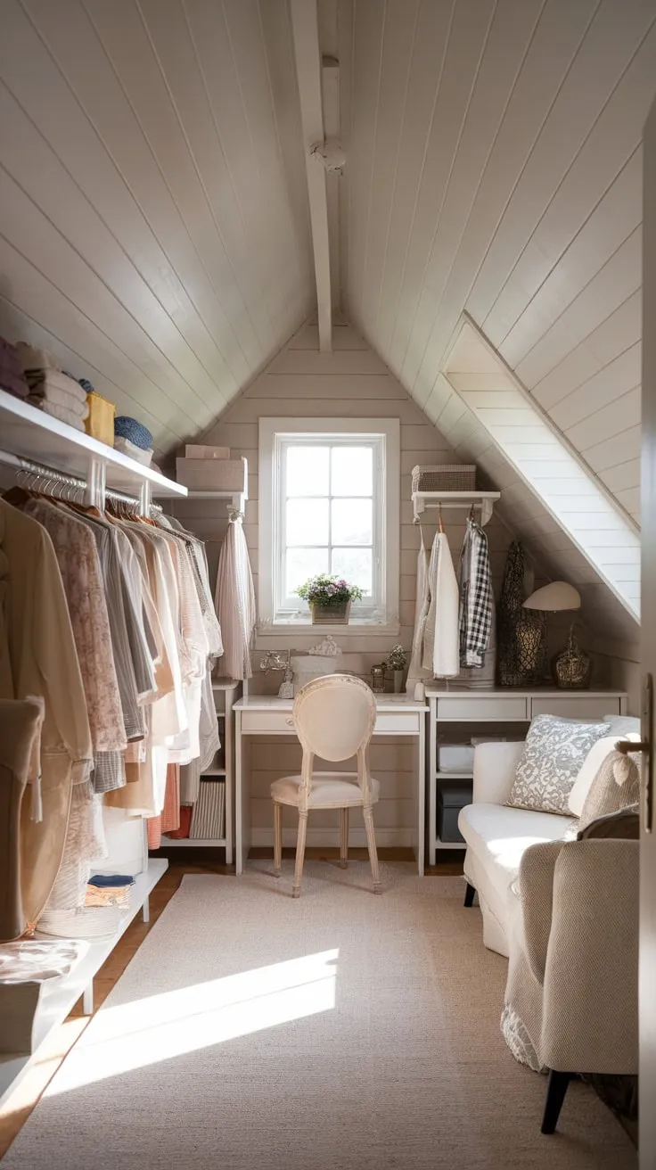 This attic dressing room exudes warmth and charm, perfectly blending rustic wooden elements with a stylish arrangement of clothing and accessories.