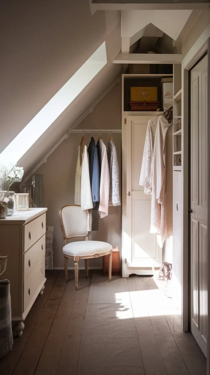 Step into your attic sanctuary, where the air hums with the quiet elegance of a bygone era, a dressing room that wraps you in both luxurious comfort and impeccable style, a perfectly curated escape from the everyday.