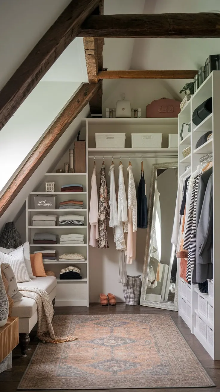 Discover the magic of this attic dressing room design.  From the attic furniture and attic styling to the thoughtful attic storage and home organization, every detail speaks of a cozy attic space perfectly curated.  This attic decor exemplifies stylish storage solutions and creative storage, making the most of a sloped ceiling and limited space.  Find inspiration for your own dressing room ideas and attic renovation project in this personal dressing area.