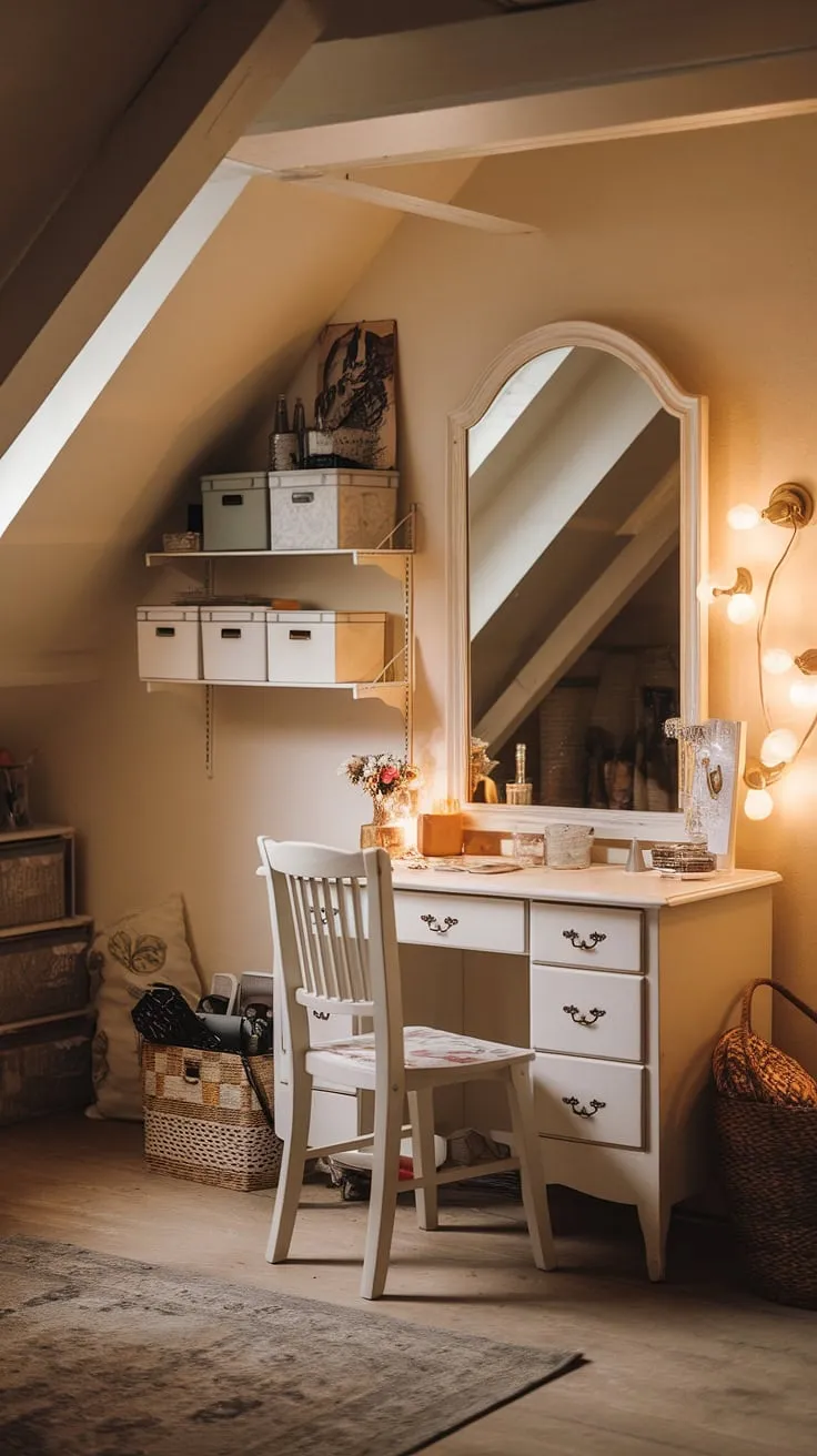 This cozy attic dressing room, a testament to successful attic renovation, showcases clever attic storage solutions and stylish attic furniture.  The creative storage on the wall complements the vintage dressing table, creating a personal dressing area perfect for a relaxing attic retreat.  This attic decor exemplifies dressing room ideas and home organization, transforming this attic space into a functional and beautiful attic makeover.
