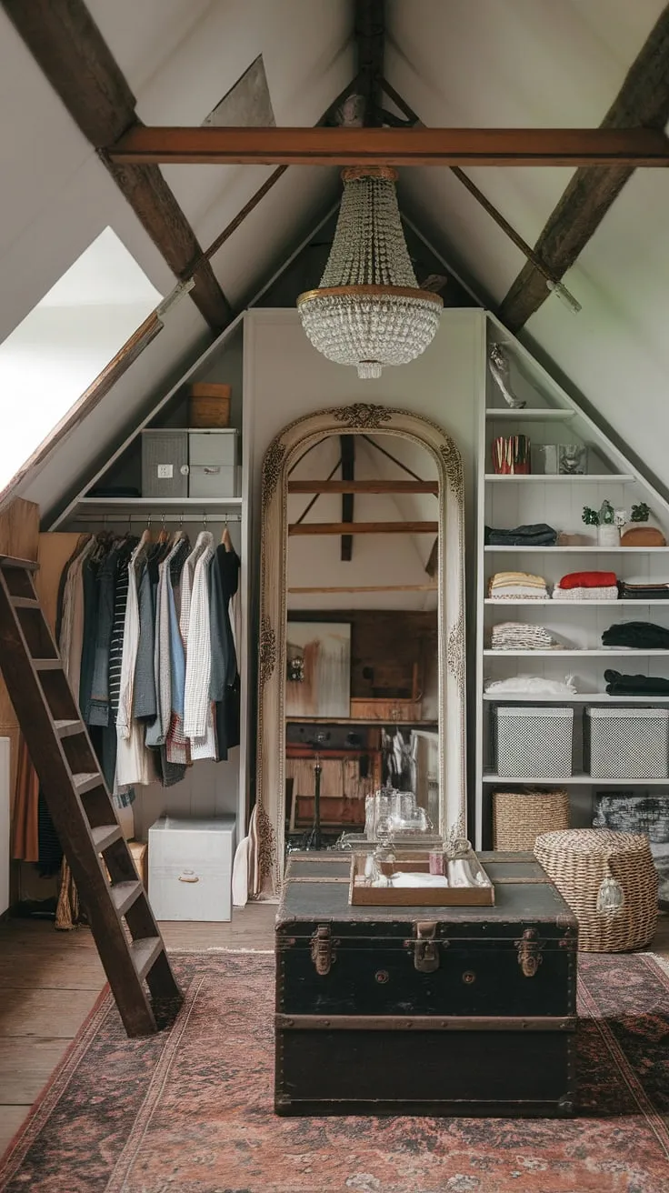 This attic renovation is a dream come true!  From the stylish storage solutions and creative storage ideas to the cozy attic space and personal dressing area, every detail of this attic dressing room speaks volumes about thoughtful attic decor and home organization.  The attic furniture, including the vintage trunk coffee table, adds a touch of charm to this attic retreat, making it the perfect dressing room design.