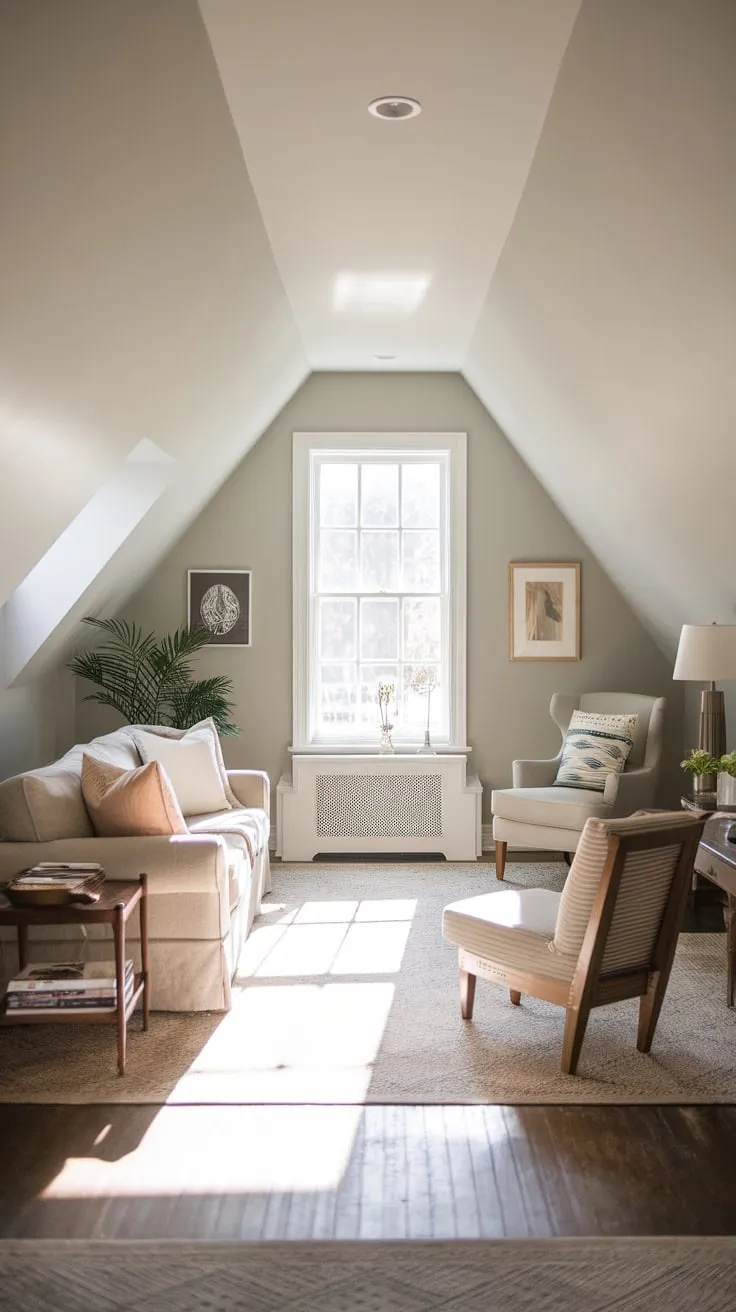 Step into your attic family room, a haven bathed in the gentle embrace of a neutral palette, where each carefully chosen piece of furniture whispers an invitation to unwind and share laughter, stories, and the simple joys of togetherness.