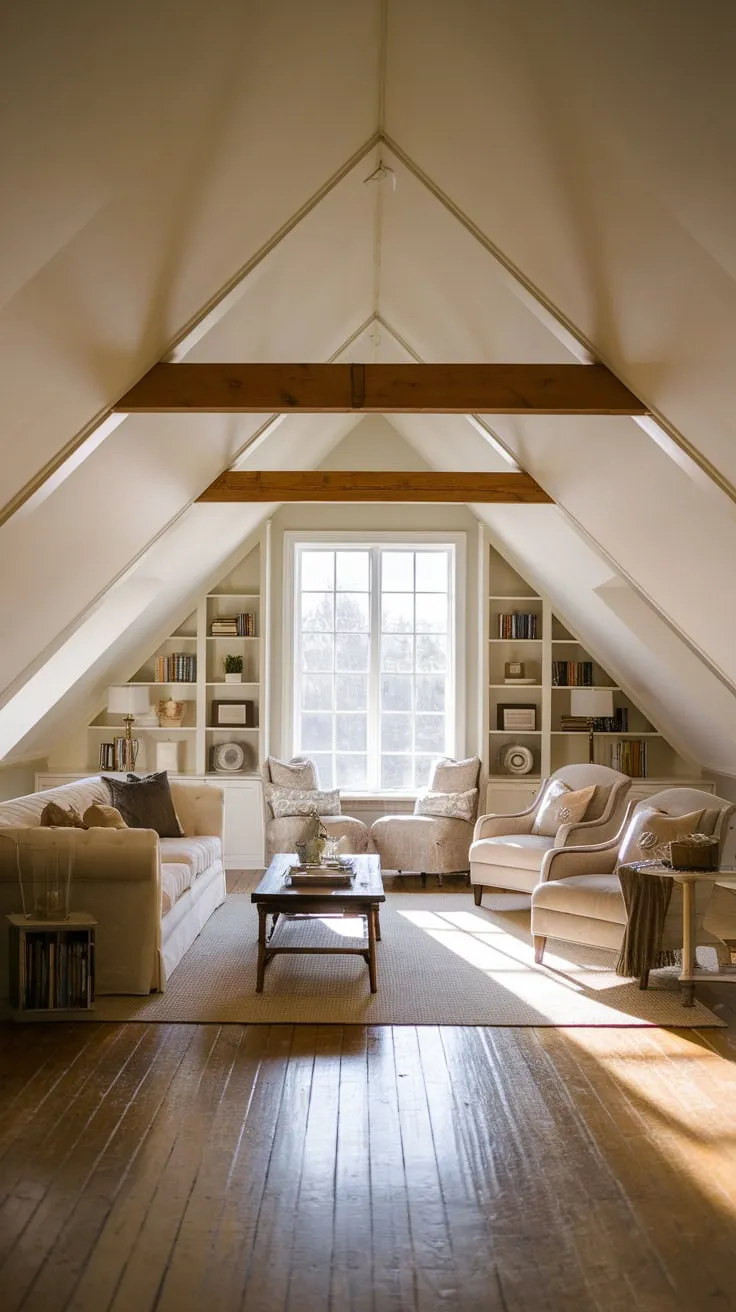 This beautifully designed attic family room invites warmth and togetherness, showcasing a perfect blend of comfort and style with its neutral tones and inviting furnishings.