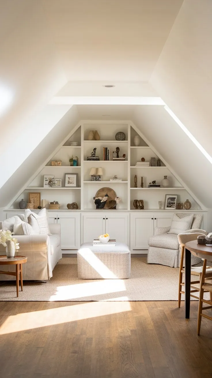 This well organized attic family room invites warmth and comfort, making it the perfect retreat for family gatherings and quiet moments alike.