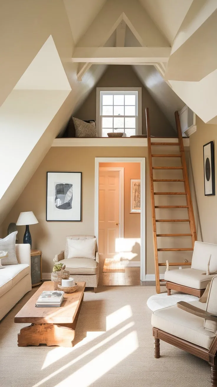 Ascend to the attic family room, where a golden luminescence embraces you, promising a peaceful escape; the soft, neutral palette soothes the senses, while the delightful loft area invites you to lose yourself in the warmth of shared moments.