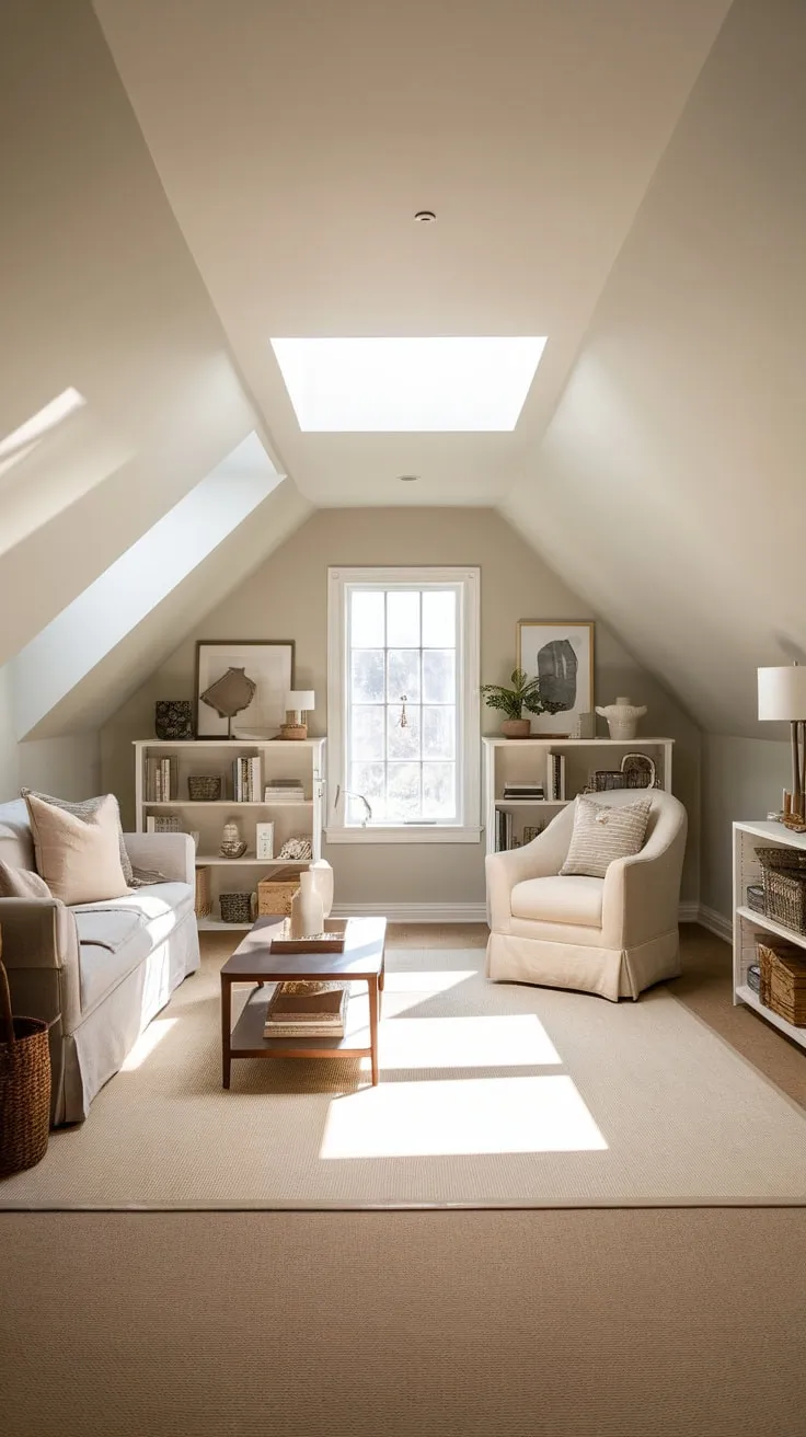This beautifully designed attic family room exudes warmth and comfort, making it the perfect retreat for family gatherings and quiet moments alike.