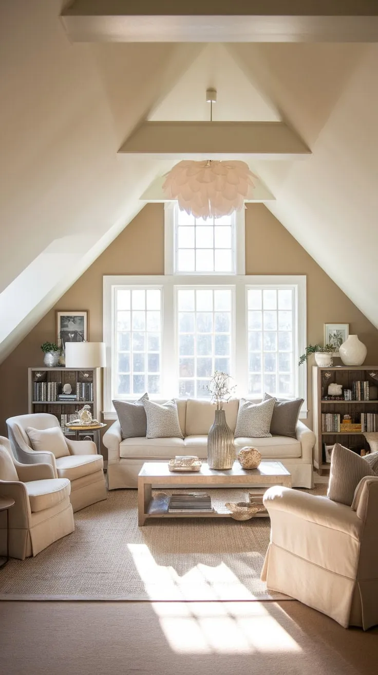 This beautifully designed attic family room perfectly blends comfort and style, creating an inviting space for relaxation and connection.