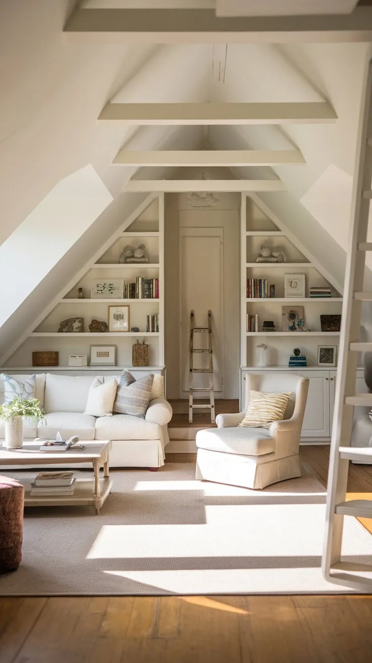 Sunlight streams through the dormer windows of your attic family room, illuminating the soaring ceiling and soft, neutral palette. Here, comfort and style dance in perfect harmony, creating an inviting haven where you can unwind and connect with loved ones.