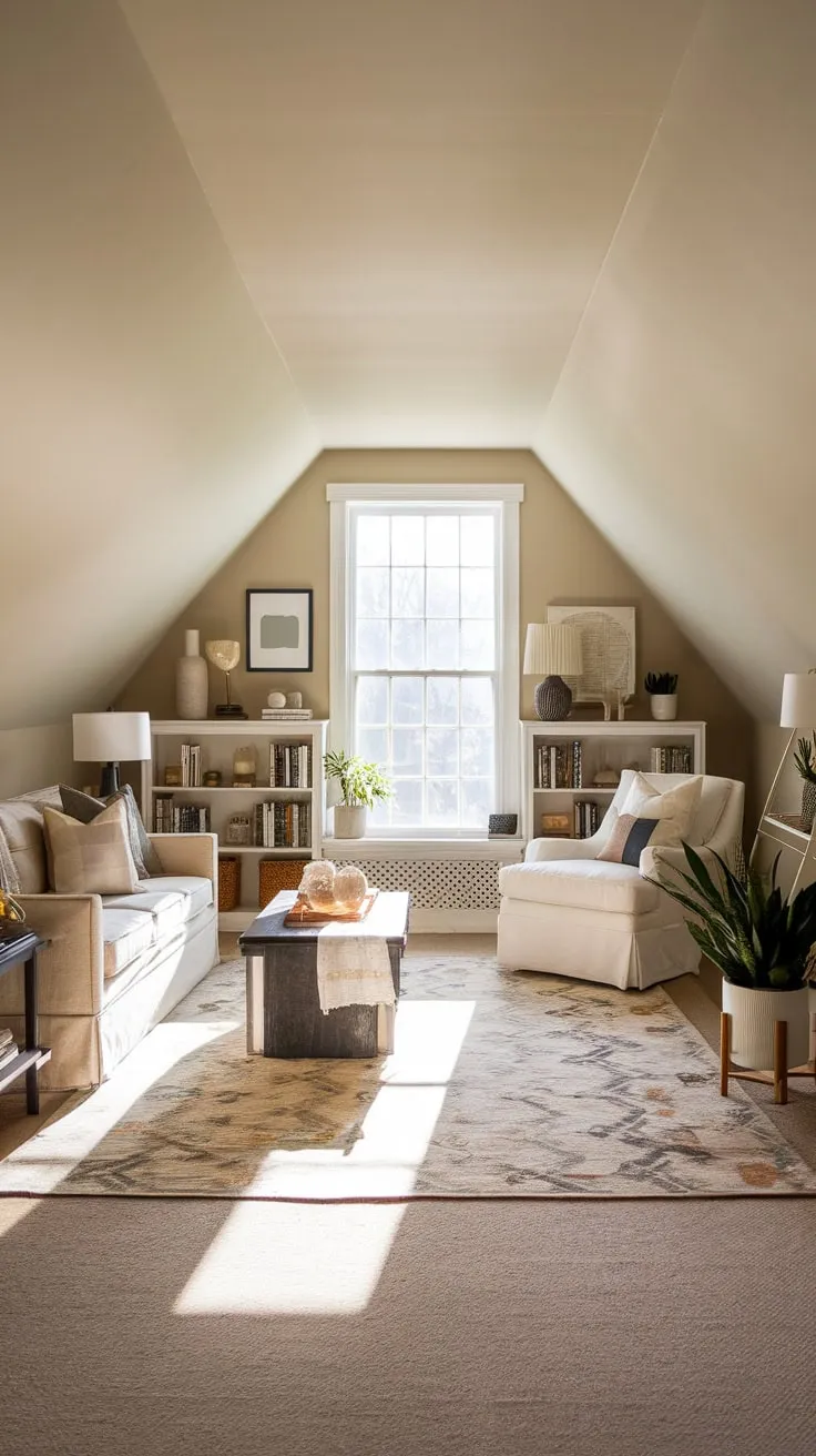 Sunlight streams through the dormer windows of the attic family room, bathing the carefully chosen furniture in a golden glow, instantly wrapping you in a sense of cozy serenity that begs you to sink into its embrace, whether for boisterous family game nights or hushed contemplation.