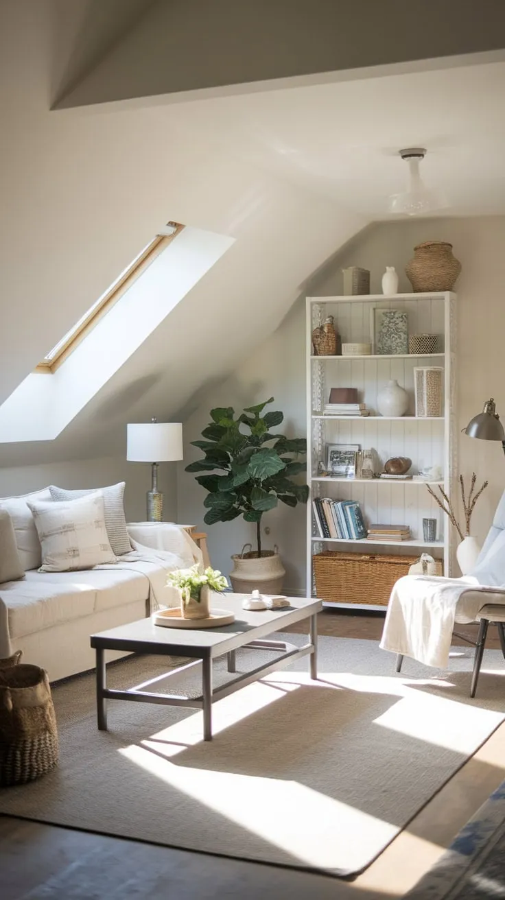 Imagine stepping into this attic family room, a haven where neutral tones whisper serenity and carefully chosen decor sparks joy. Here, comfort and style dance in perfect harmony, creating the ideal backdrop for your most treasured family memories.