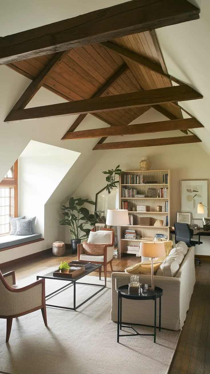 This attic family room, a delightful blend of attic living space and attic home office, offers a cozy retreat for relaxation and work. The exposed beams and window seat add character to this versatile attic recreation room, perfect for family time or quiet study.  It's an attic den transformed into an attic entertainment area, where work and play coexist seamlessly.