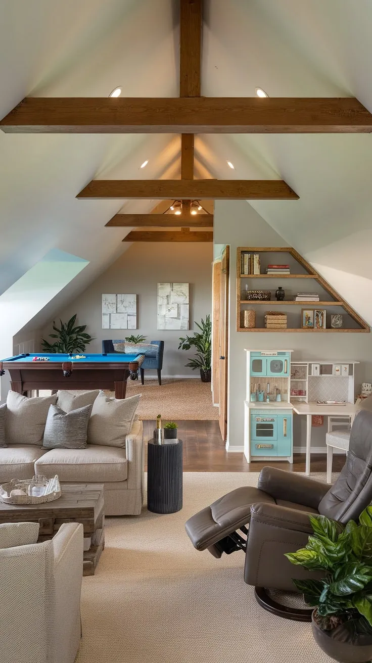 Discover the magic of this expansive attic living space.  An attic lounge invites relaxation, while an adjacent attic recreation room offers lively entertainment.  A dedicated attic playroom sparks creativity, and a peaceful attic relaxation area provides a sanctuary.  The cleverly designed attic den also includes an attic home office/attic study, proving that even the most unconventional spaces can become extraordinary family havens.