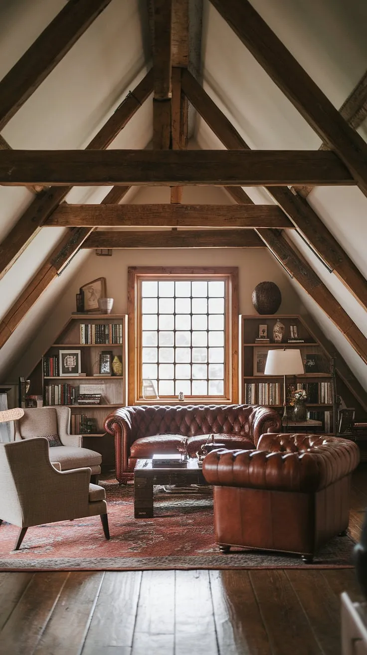 More than just storage, this attic has been transformed into a captivating attic living space.  The exposed wooden beams and plush leather sofa define this attic family room, a welcoming attic lounge perfect for both playful moments in the attic playroom and peaceful solitude in the attic den.  Whether you're working from home in the attic home office or unwinding in the attic relaxation area, this versatile attic recreation room and attic study offers a unique and charming retreat.