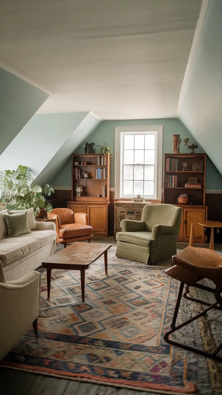 Escape to this enchanting attic recreation room, where the light blue walls and patterned rug create a welcoming attic lounge.  The vintage furniture, including the brown leather chair by the window, adds a touch of nostalgia to this delightful attic playroom.  Whether you envision it as an attic den for quiet contemplation or a lively attic entertainment area, this attic living space offers endless possibilities.