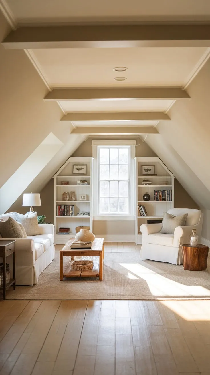 Imagine stepping into this beautifully crafted attic family room, where the sloping ceilings and carefully chosen textures conspire to create an atmosphere of unparalleled comfort; you can almost feel the stress melt away as you envision cozy nights spent here, surrounded by loved ones, forging memories that will last a lifetime.