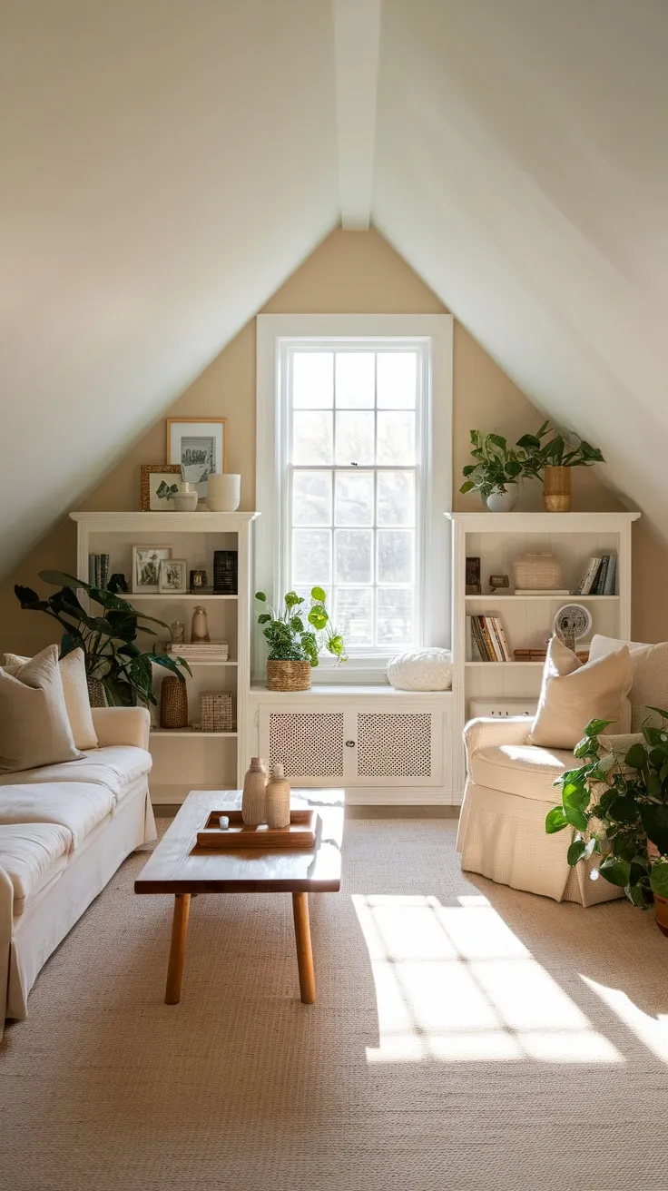 Sunlight streams through the dormer windows of your attic family room, transforming it into a haven where plush textures and curated accents whisper of relaxation, inviting you to sink into a world of cozy elegance.