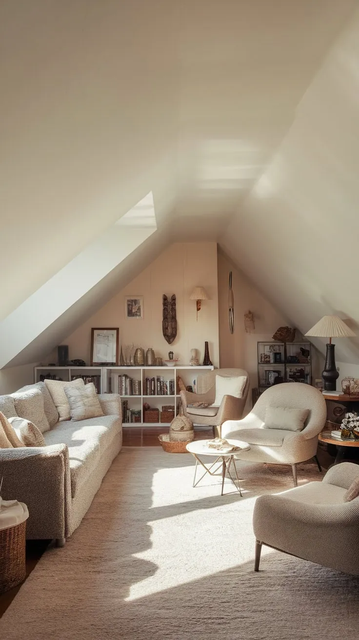 Step into your attic family room, a stylish sanctuary where comfort reigns supreme, a warm embrace woven with personal details that whisper invitations to relax and forge deeper connections.