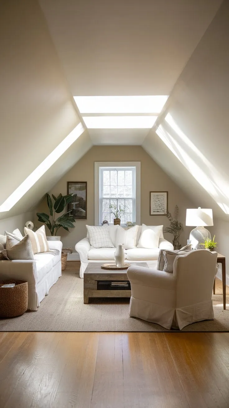 This beautifully designed attic family room perfectly blends comfort and style, creating an inviting space that feels both spacious and intimate.