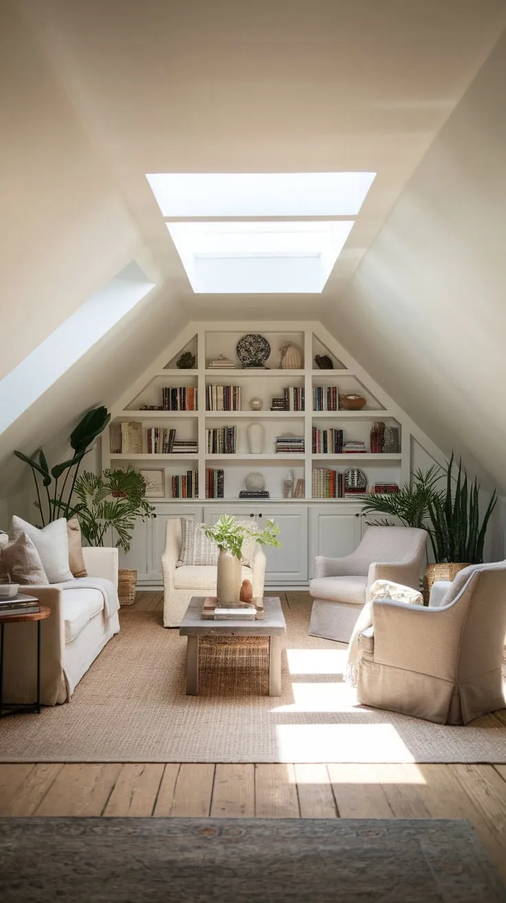 Sunlight streams through the dormer windows of this exquisitely designed attic family room, wrapping you in a cocoon of warmth and comfort, beckoning you to unwind and reconnect with loved ones.