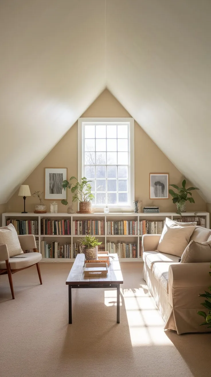 This attic family room beautifully combines comfort and style, creating a serene space perfect for relaxation and connection.