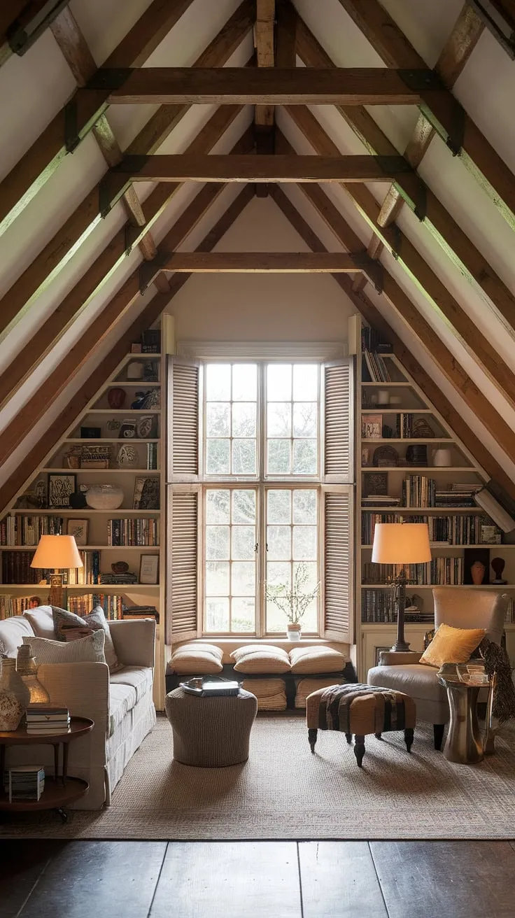 Escape to this charming attic lounge, a delightful attic living space transformed into a haven of comfort and style.  Whether you envision an attic family room for movie nights, an attic study for focused work, or an attic recreation room for playful afternoons, this space effortlessly adapts.  The warm ambiance makes it a perfect attic relaxation area, an attic den for quiet contemplation, or even a cozy attic entertainment area for friends and family.