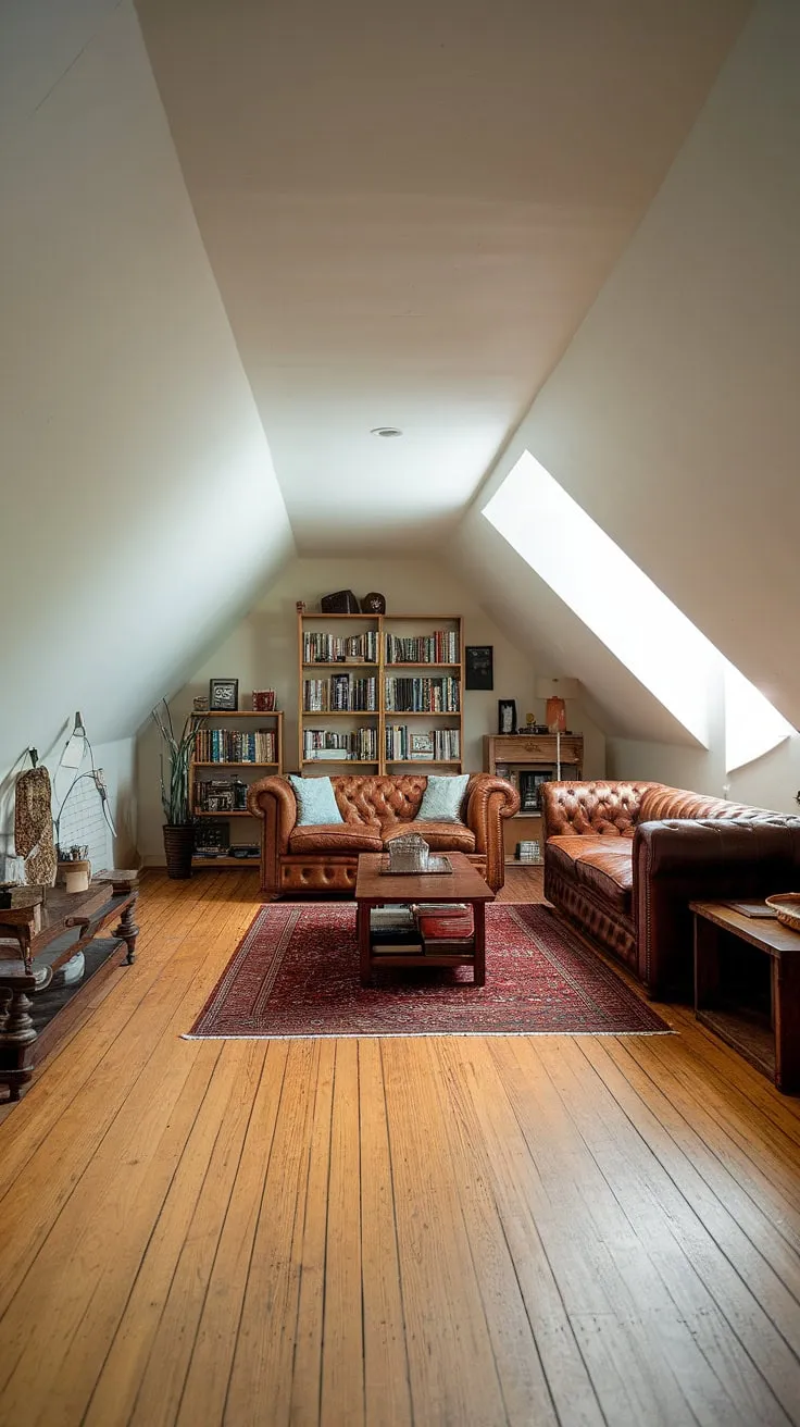 This attic family room, transformed into a cozy attic living space, offers a unique blend of comfort and style.  The natural light streaming through the skylight illuminates the leather sofa, creating the perfect attic lounge or attic recreation room for family gatherings.  It easily transitions from an attic den for quiet reading to an attic entertainment area for movie nights, or even an attic home office or attic study during the day.  The space effortlessly balances functionality and relaxation, making it the ultimate attic relaxation area.