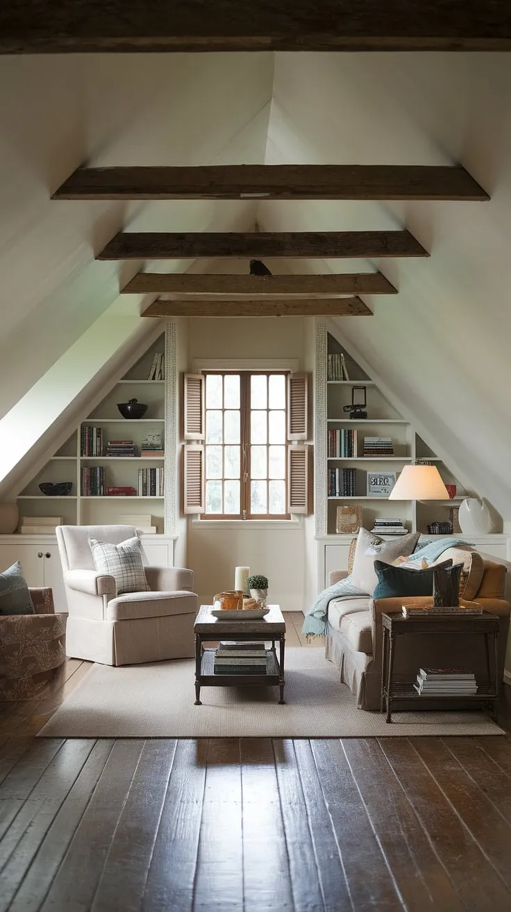 This attic family room, a cozy haven nestled under the eaves, seamlessly blends rustic charm with modern comfort.  The sloped ceilings and exposed beams create a unique atmosphere, perfect for family movie nights, quiet reading sessions, or simply relaxing in this attic living space.  Whether it's an attic recreation room for the kids, an attic den for quiet contemplation, or an attic home office for focused work, this space effortlessly adapts to any need.  The warm wood floors and inviting furniture transform this attic lounge into a cherished attic relaxation area.