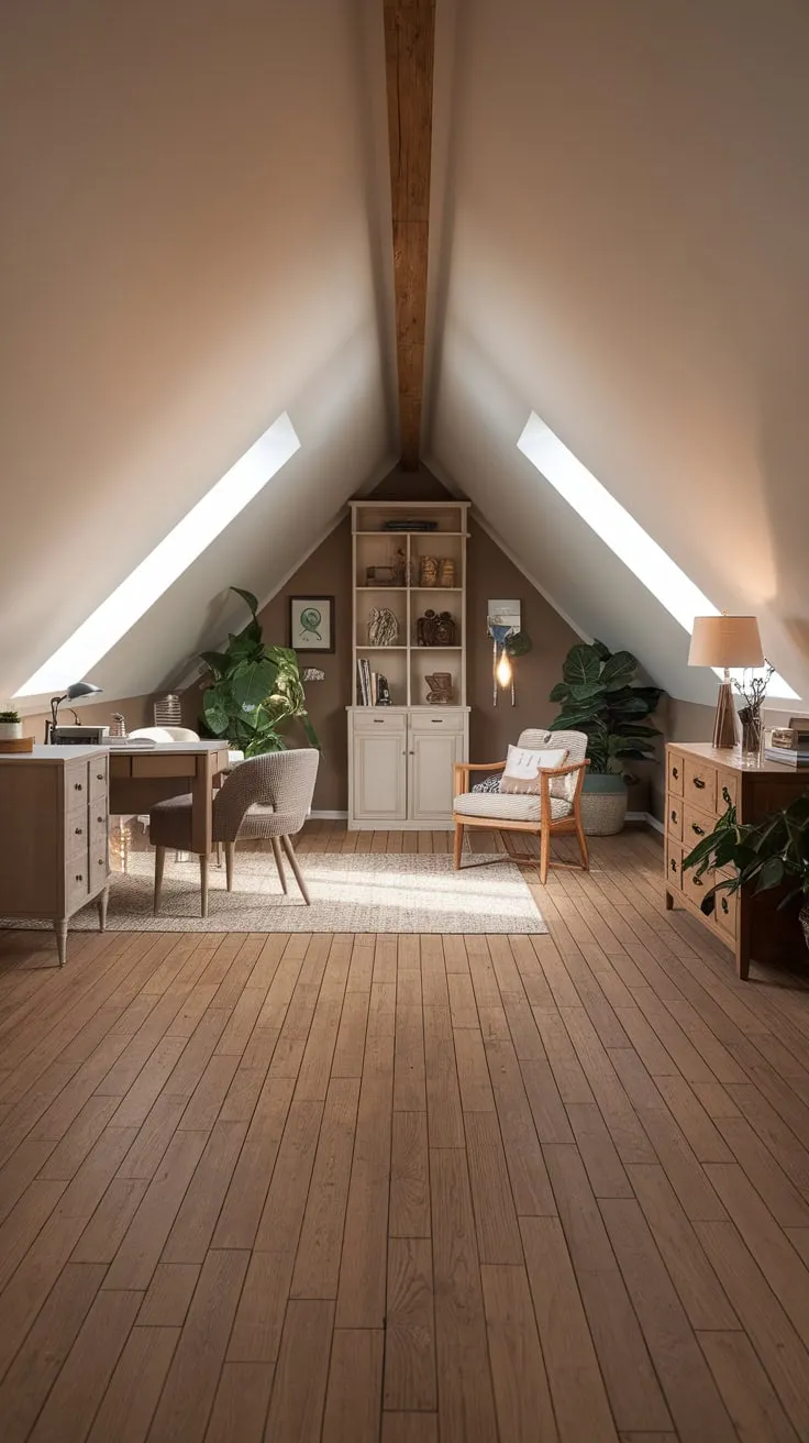 Sunlight streams through the dormer window, illuminating the honeyed glow of the wooden planks beneath your feet. This attic, a testament to clever design, proves that with the right flooring, a once-forgotten space can become your own personal haven.