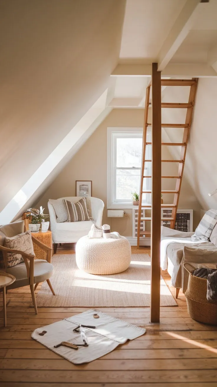 This beautifully designed attic room, with its inviting wooden flooring and neatly arranged furniture, perfectly captures the charm of elevated living.