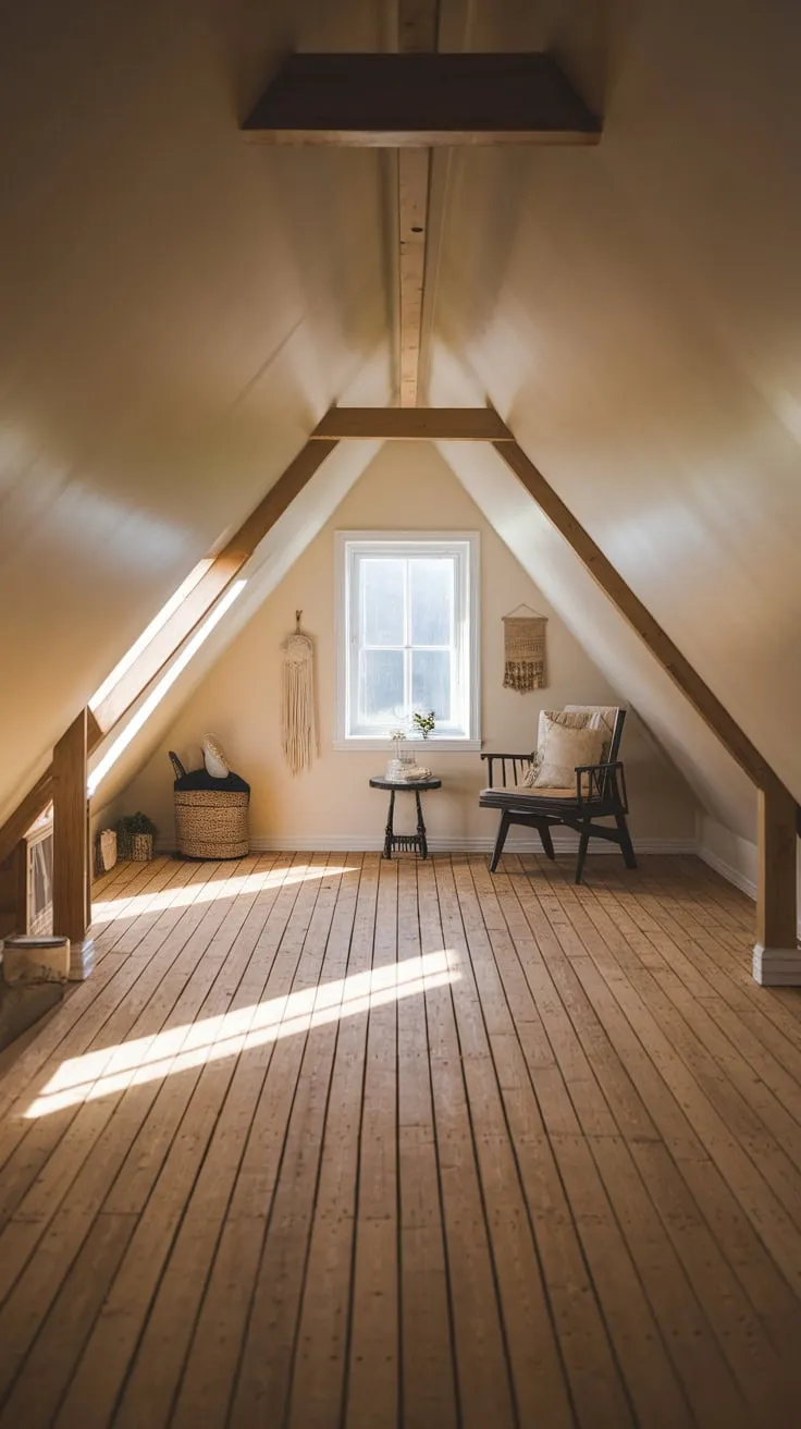Ascend into your own private sanctuary: a beautifully designed attic where the warm embrace of wooden floors and the artful arrangement of furniture conspire to unlock both your deepest relaxation and your most vibrant creativity.
