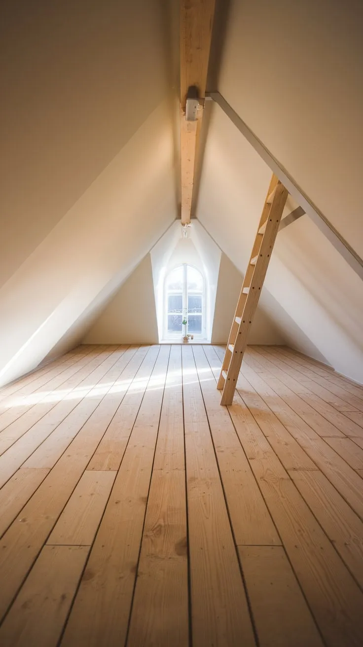 Sun-bleached wood planks underfoot flood the attic with a welcoming glow, their brightness amplified by the clean lines and understated charm of the space you find yourself in.