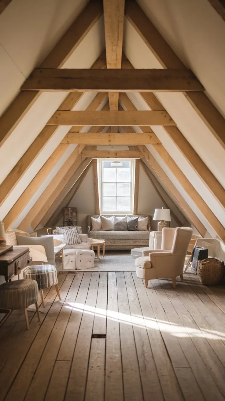 This beautifully arranged attic, with its rustic charm and inviting atmosphere, showcases the character of reclaimed attic flooring that adds warmth and personality to the space.