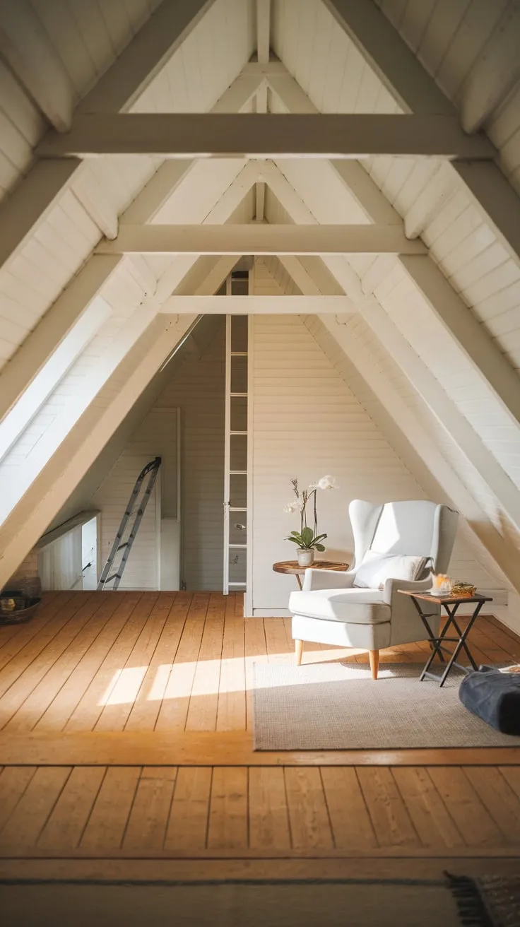 Sunlight streams through the dormer windows of this attic, painting the handcrafted floorboards in a warm glow, beckoning you to lose yourself in its tranquil embrace and unlock the wellspring of your imagination.