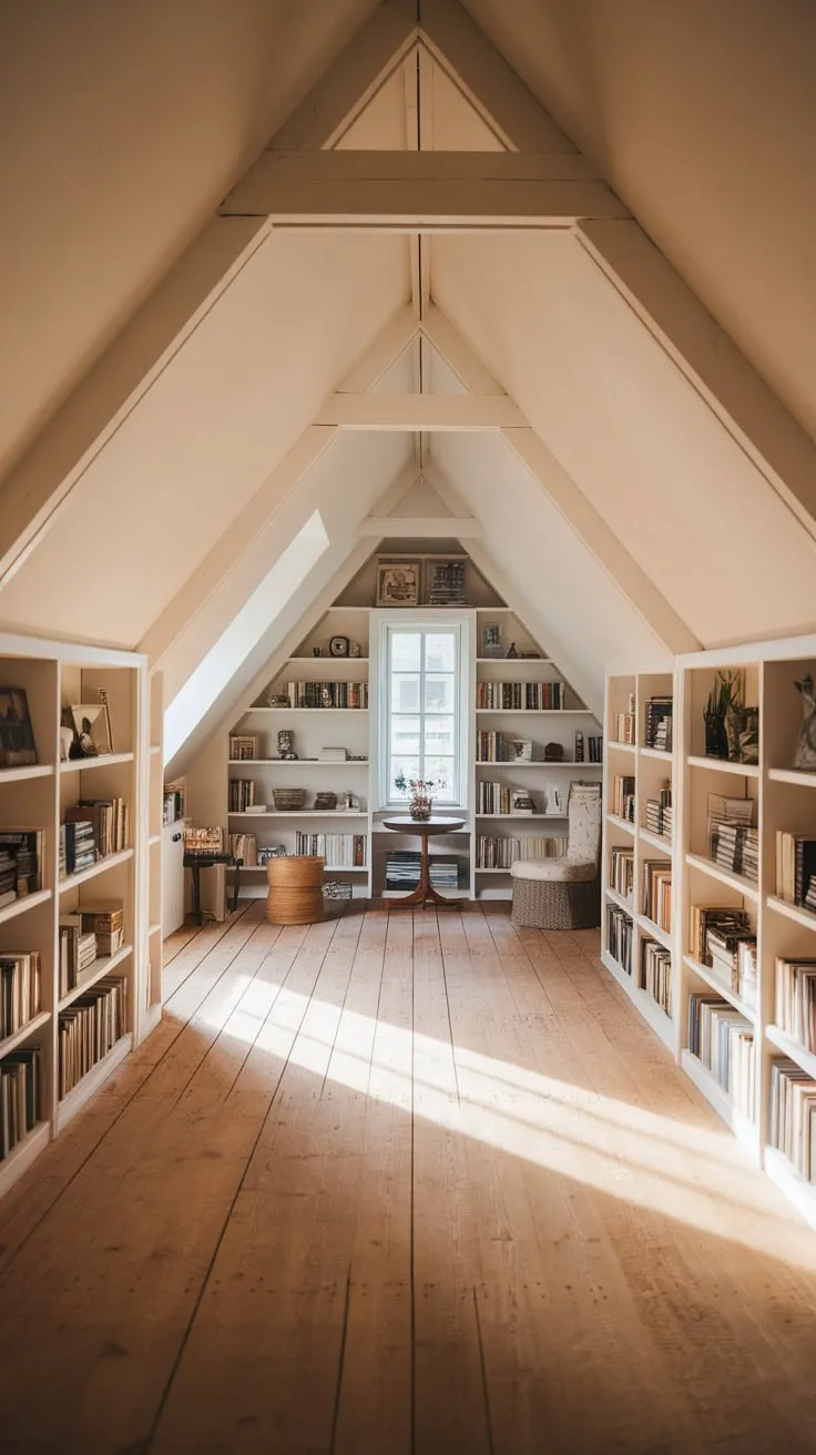 This serene attic, with its inviting atmosphere and beautifully crafted attic flooring, offers the perfect retreat for quiet reading and reflection.