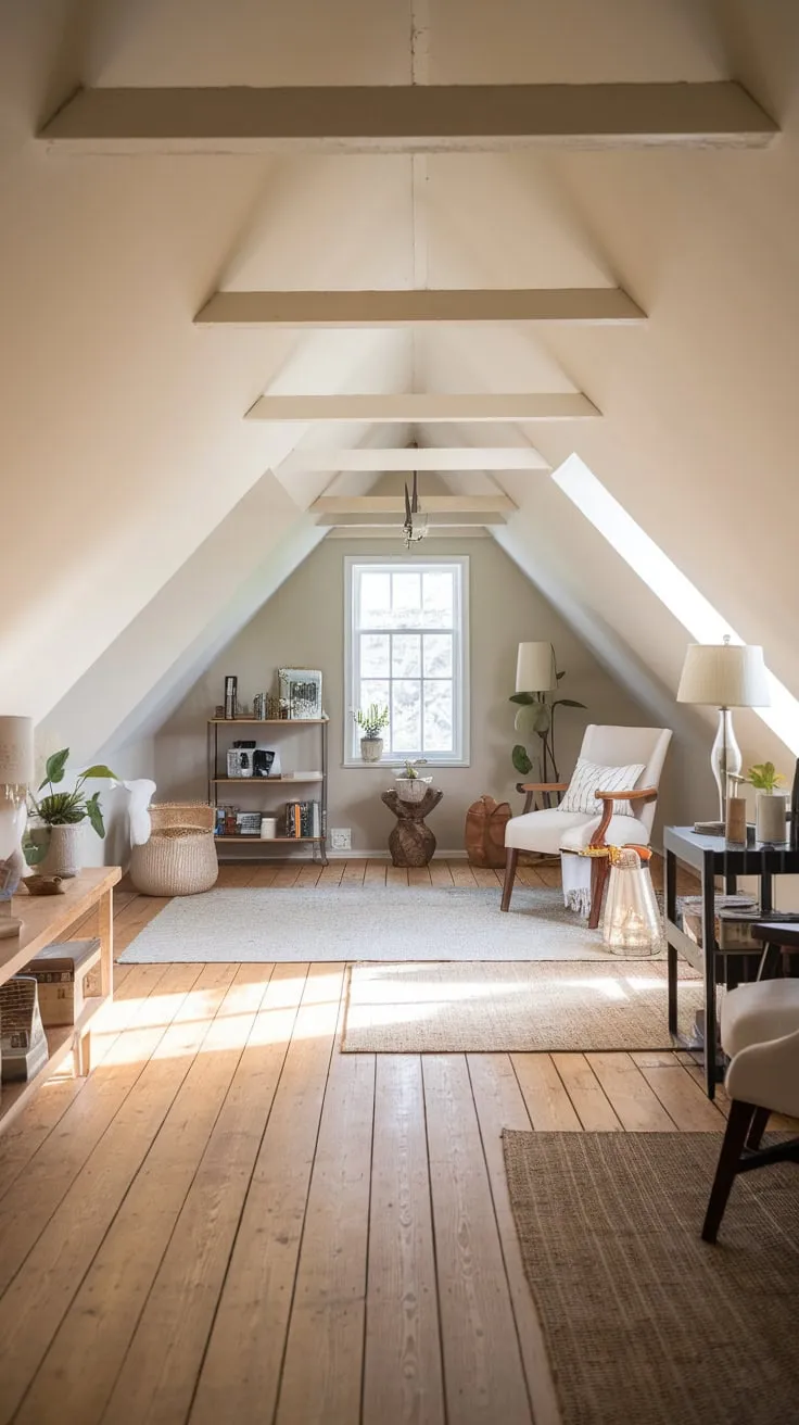The warm glow of the attic flooring beautifully complements the cozy decor, creating an inviting space perfect for relaxation and reflection.